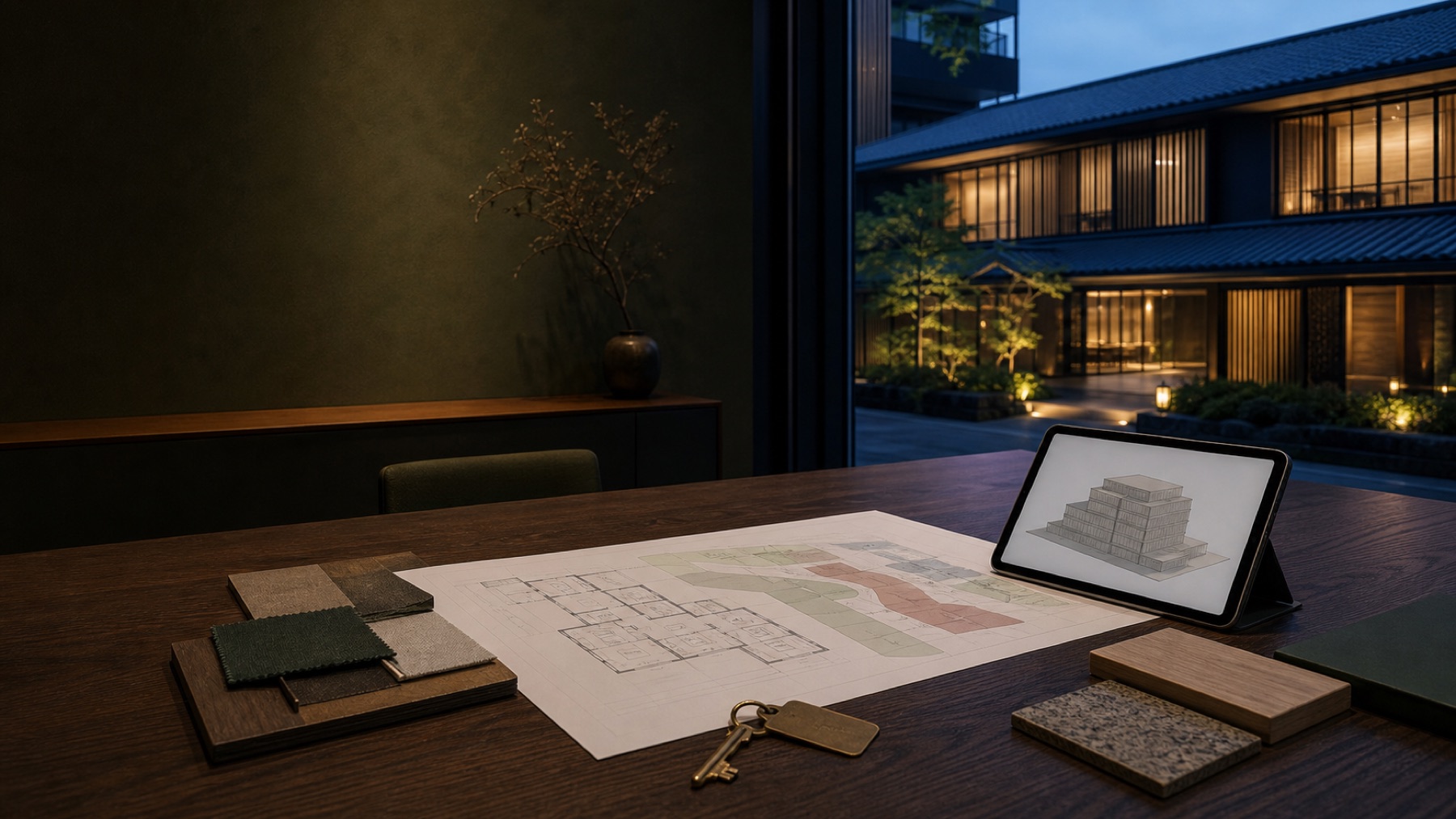 Hotel project plans and material samples on a table
